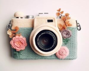 Minimal composition of a knitted photo camera. With flowers. Pastel color combination. - Powered by Adobe