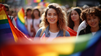 Fototapeta na wymiar A Happy Girl Finally Attended A Pride Parade In Her Hometown During A Pride Month