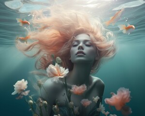 Portrait of a mermaid swimming underwater with flowers. Pastel color combination.