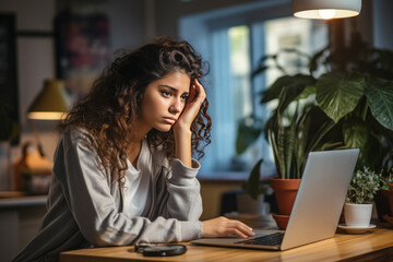 Fototapeta premium Portrait of tired from work young woman who works remotely at a laptop