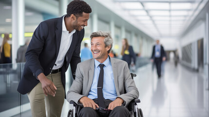 Airport staff member in a safety vest smiling and providing assistance to a man in a wheelchair - Powered by Adobe