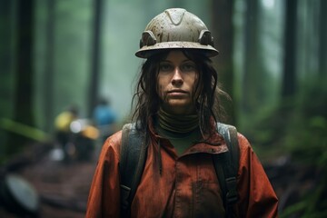 Obraz premium Rugged Logger woman forest. Machine beauty female. Generate Ai