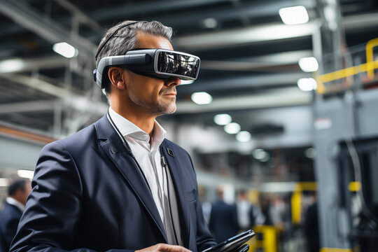 Businessmen with virtual glasses on their heads and a tablet in their hands.