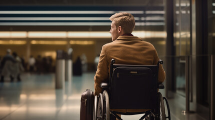 Person sitting in a wheelchair at an airport terminal - obrazy, fototapety, plakaty