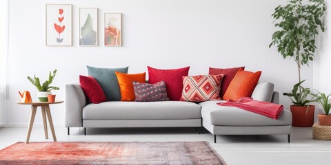 Colorful pillows on red corner couch in white living room with gray rug, real photo.