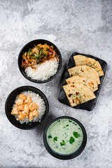 Rice with fried chicken fillet, vegetables and tuna shavings with kefir soup and flatbread.