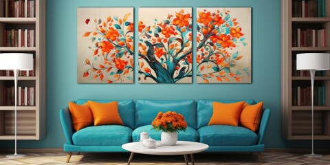 Floral artwork on triptych canvas with furniture in room.