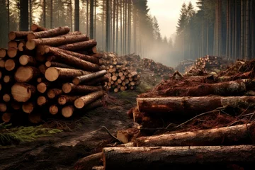 Zelfklevend Fotobehang Efficient Long forest cutter trees. Axe job. Generate Ai © juliars