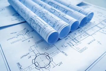 Architect workplace. Architectural project, blueprints, blueprint rolls on wooden desk table. Construction background. Engineering tools. Copy space - obrazy, fototapety, plakaty