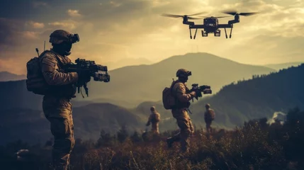 Tuinposter Using Drones for Reconnaissance in Military Operations by Soldiers © Zahid