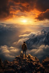As the sun sets behind the snow-capped mountain, a lone hiker stands in awe, surrounded by the vast expanse of nature's beauty and the ever-changing canvas of the sky