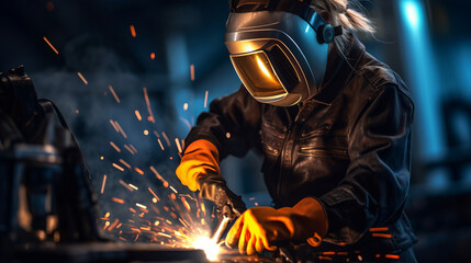 A beautiful young welder woman at work. Gender equality.