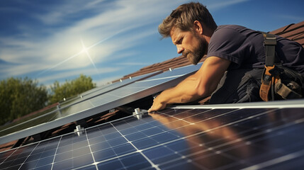 A Professional Is Installing Solar Panels On A House Roof  - obrazy, fototapety, plakaty