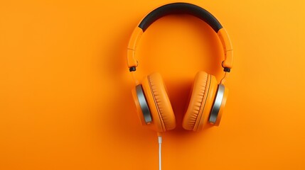 A studio microphone accompanied by headphones against an orange backdrop. Banner with copy space. Radio, work with sound, podcast