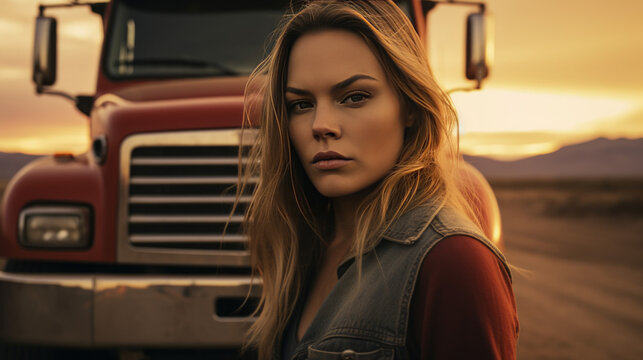 The girl driver of the truck is standing in front of the truck. Women's empowerment.