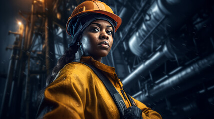 Fototapeta na wymiar Woman oil worker on a drilling platform. Gender equality.