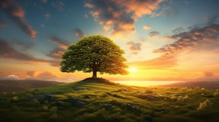 Fototapeta na wymiar A lonely tree surrounded by lush green grass under the warm glow of a cloud-filled sunset sky