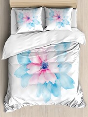 Top view of home textile linen, four piece bedding set with drawn style large flower pattern