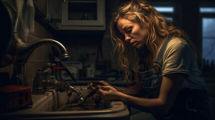 A beautiful young plumber woman at work. Gender equality. - obrazy, fototapety, plakaty
