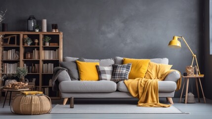 Design gray sofa,  interior design of living room in yellow tones. Comfortable apartment. home decor.