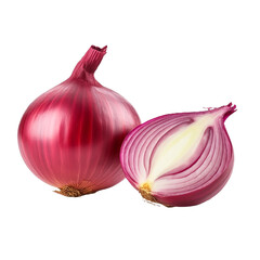A whole red onion and half one on a white background.