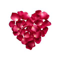 Beautiful, red, romantic rose petals lie in the shape of a heart on a white background. 
