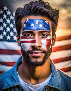A mans face painted with American flag colors - we are all Americans bow