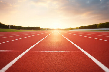 Running track in the stadium. Rubber coating. Smooth surface ready for runners. Generative AI - obrazy, fototapety, plakaty