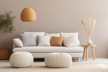 Knitted pouf near white fabric sofa with blanket and pillows. Scandinavian style home interior. Generative AI