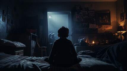 Un enfant triste dans sa chambre, concept harcèlement  - obrazy, fototapety, plakaty