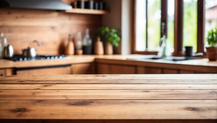 Blurred Kitchen Countertop on Empty Wooden Table Background, Wooden Table