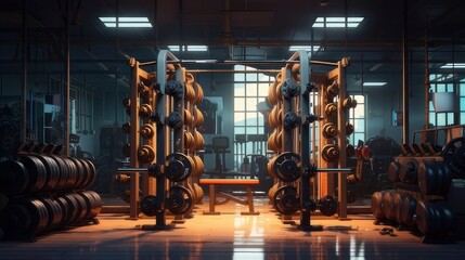 Modern light gym. Sports equipment in gym. Barbells of different weight on rack - obrazy, fototapety, plakaty
