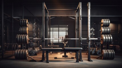 Modern light gym. Sports equipment in gym. Barbells of different weight on rack - Powered by Adobe