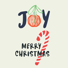 Obraz premium Vector Merry Christmas interior poster with lettering. Hand painted illustration with tangerine and text on beige background. For design and decoration.