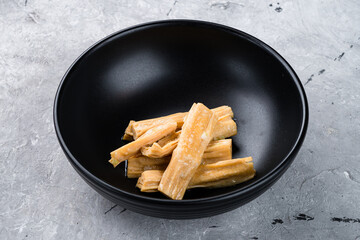 Fuju asparagus marinated in rice vinegar, garlic and sesame oil, fresh appetizer.