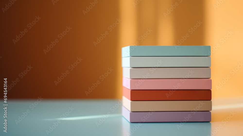 Wall mural A stack of colorful boxes on a table with sunlight behind them, AI