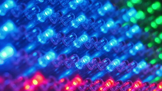 Many RGB LEDs glow in different colors. Led panel lights with light-emitting diodes. Background of red, green, blue luminous semiconductor diodes. LED-dots light panel with different effects. Close-up