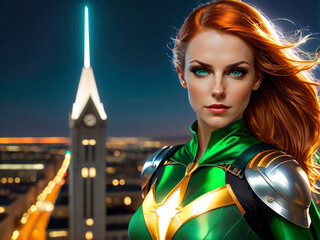 Woman Super Hero with Long Red Hair, in Green and Gold Costume with Silver Armor, DOF Background City at Night