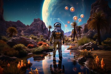 Fototapeta premium Celestial Explorer: Astronaut Navigating the Fantastical Unknown