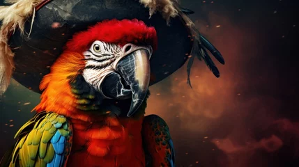Tuinposter A vivid background featuring a bold pirate, tropical parrot © ArtCookStudio