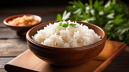 rice and garlic bowl on a brown wooden table