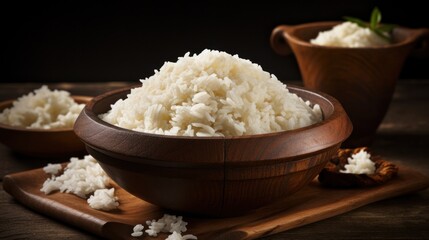 rice and garlic bowl on a brown wooden table