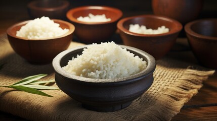 rice and garlic bowl on a brown wooden table
