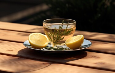 rosemary tea and lemon on the wooden table