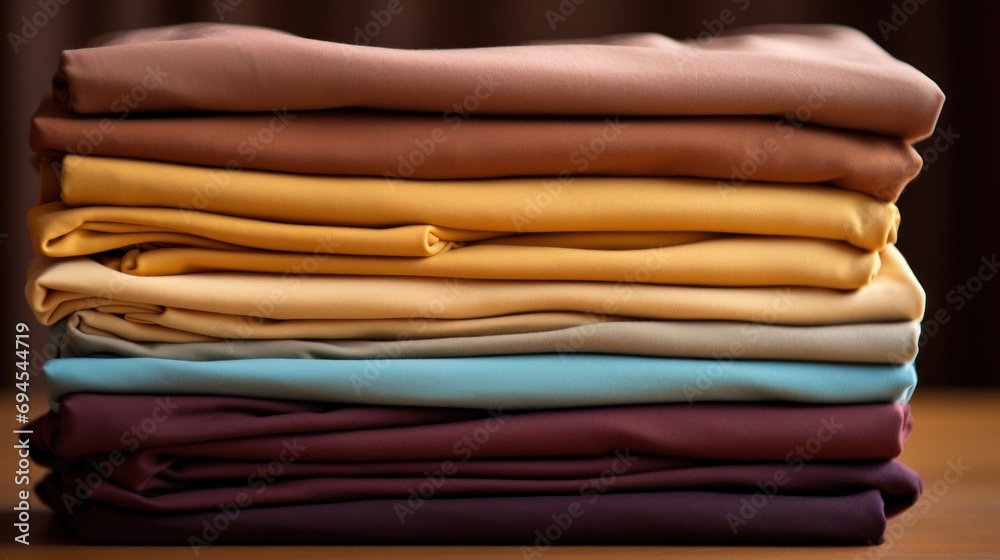 Poster A stack of folded clothes on a wooden table with light shining through, AI