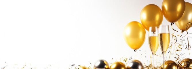 silver gold gold party confetti gold balloon with champagne glasses - obrazy, fototapety, plakaty