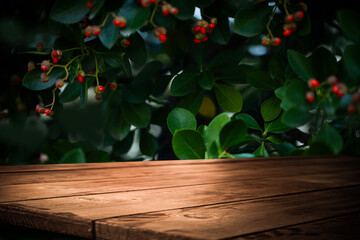 Empty wooden table with free space over tropical trees, background. For product display mounting