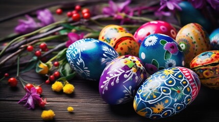 Easter background with lively colors, decorated eggs, and room for festive greetings