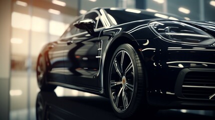 An artistic, ultra-detailed view of a black luxury car's sleek and polished exterior in a dealership salon - obrazy, fototapety, plakaty