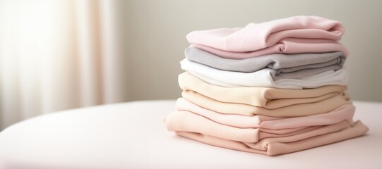 Pile of baby jersey textile in pastel colors - obrazy, fototapety, plakaty